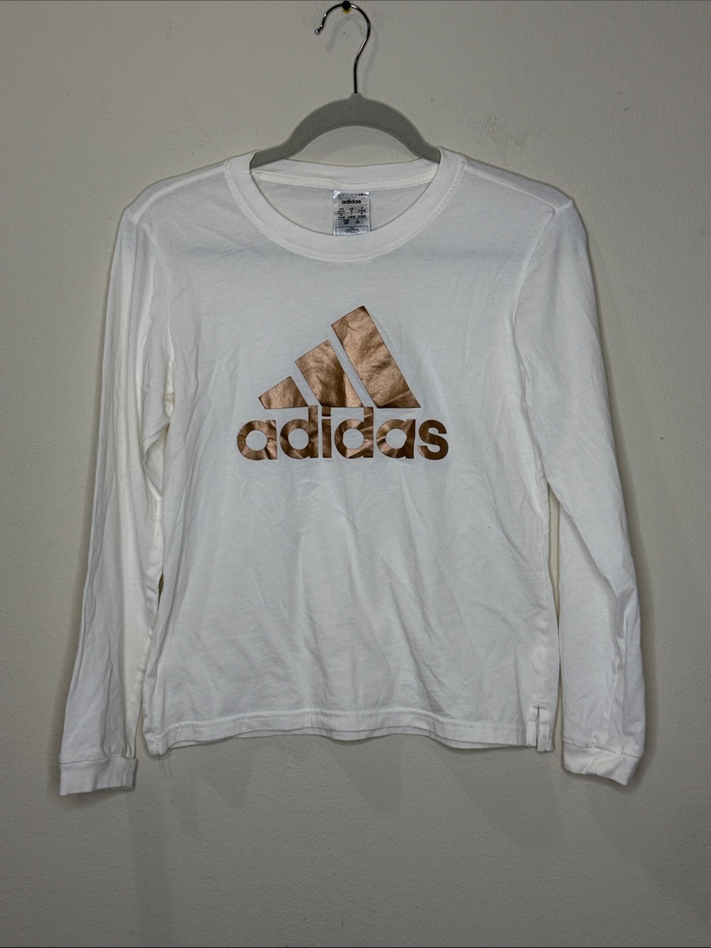 adidas White Long Sleeve Top with Metallic Rose Gold Logo